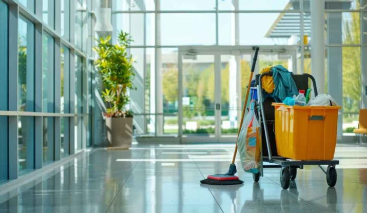 local cleaning business janitorial cart in lobby 1200x600 1 715x415